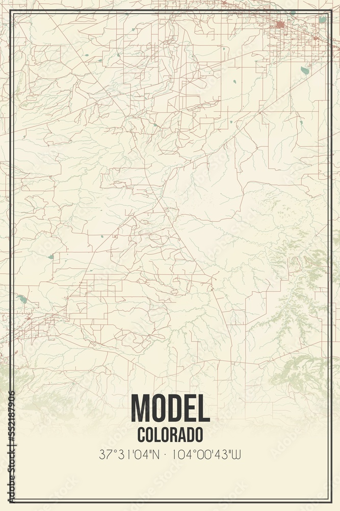 Retro US city map of Model, Colorado. Vintage street map.