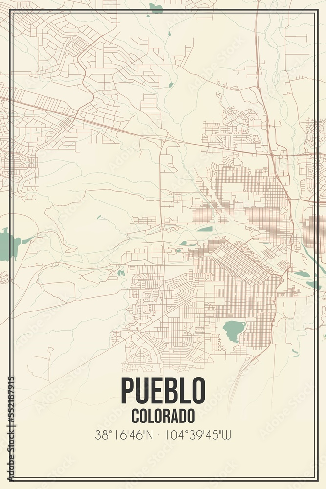 Retro US city map of Pueblo, Colorado. Vintage street map.