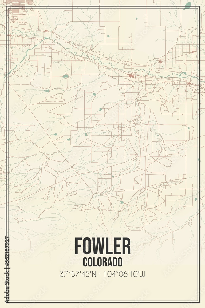 Retro US city map of Fowler, Colorado. Vintage street map.