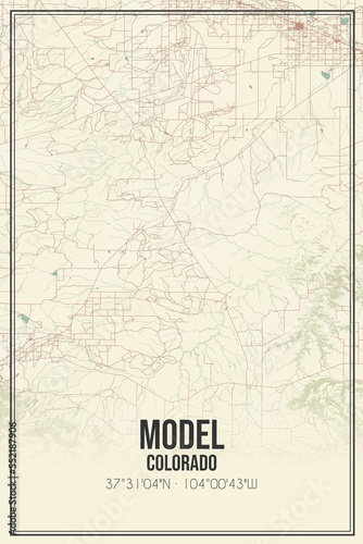 Retro US city map of Model, Colorado. Vintage street map.