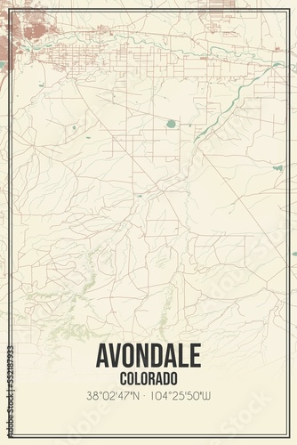 Retro US city map of Avondale, Colorado. Vintage street map. photo