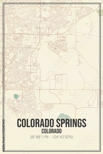 Retro US city map of Colorado Springs, Colorado. Vintage street map.