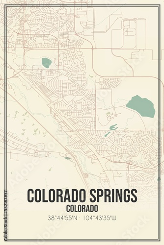 Retro US city map of Colorado Springs  Colorado. Vintage street map.