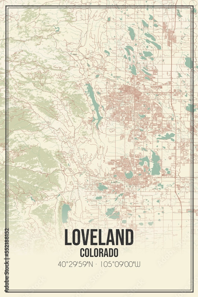 Retro US city map of Loveland, Colorado. Vintage street map.