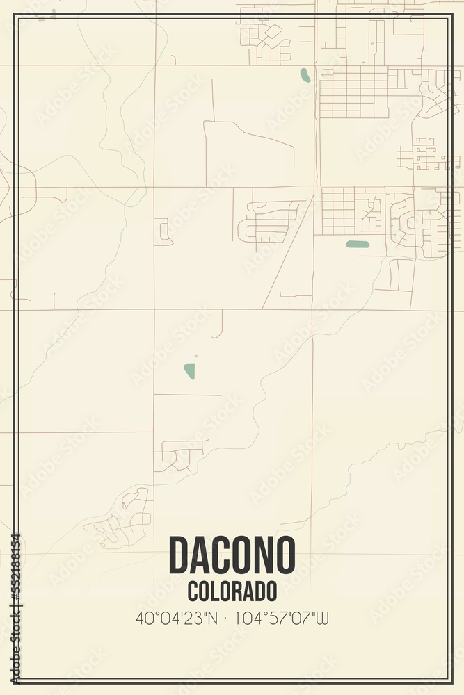 Retro US city map of Dacono, Colorado. Vintage street map.