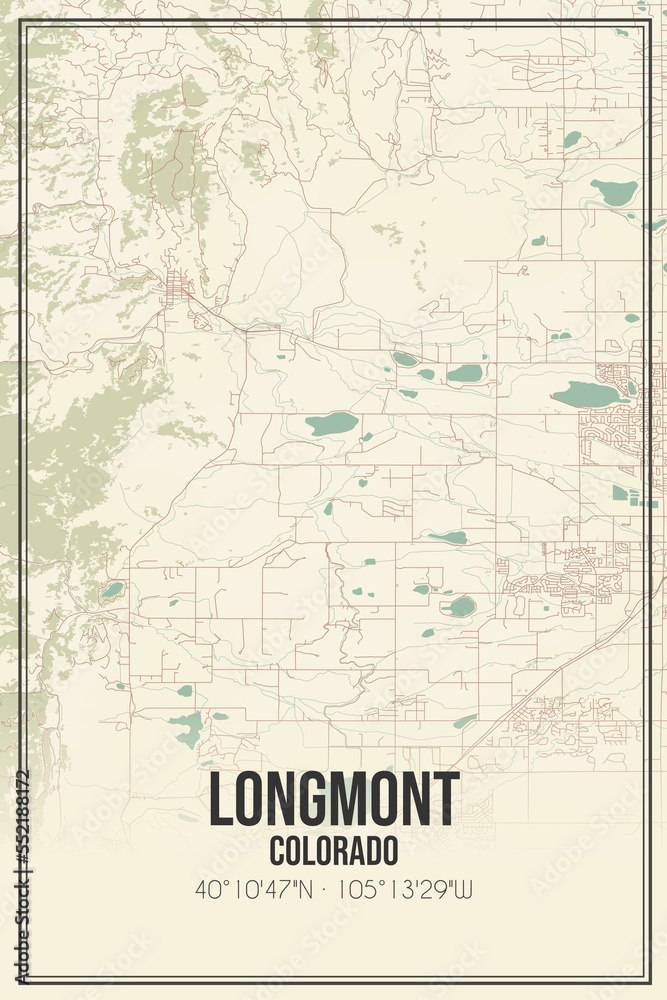 Retro US city map of Longmont, Colorado. Vintage street map.