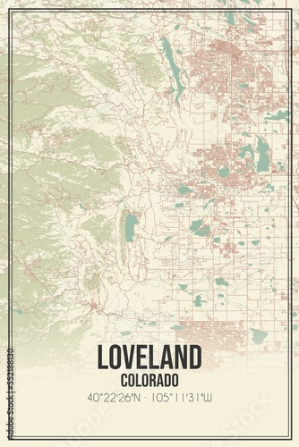 Retro US city map of Loveland, Colorado. Vintage street map. photo