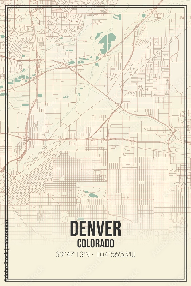 Retro US city map of Denver, Colorado. Vintage street map.