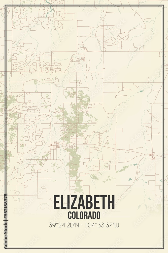 Retro US city map of Elizabeth, Colorado. Vintage street map.
