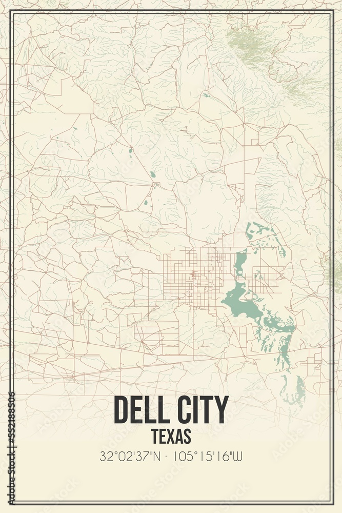 Retro US city map of Dell City, Texas. Vintage street map.