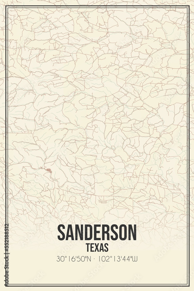 Retro US city map of Sanderson, Texas. Vintage street map.