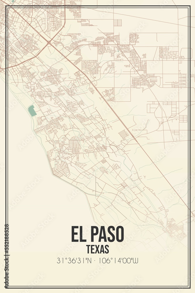 Retro US city map of El Paso, Texas. Vintage street map.