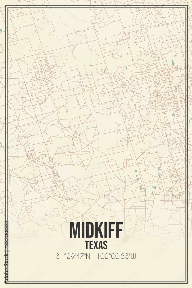Retro US city map of Midkiff, Texas. Vintage street map.