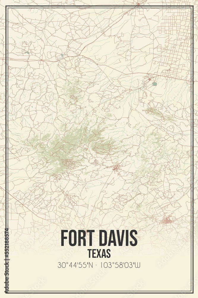 Retro US city map of Fort Davis, Texas. Vintage street map.