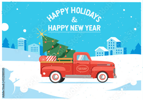 Modern flat vector  illustration  old school vintage red  pickup truck carrying Christmas tree and gifts for New year and happy holidays  card   and xmas poster 