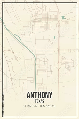 Retro US city map of Anthony, Texas. Vintage street map.