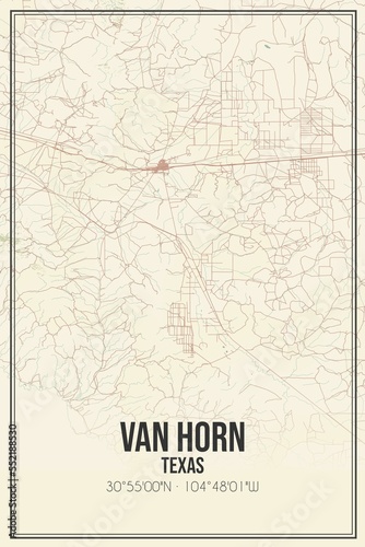 Retro US city map of Van Horn, Texas. Vintage street map. photo