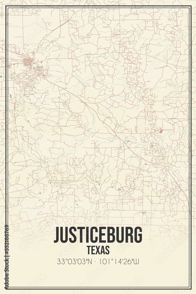 Retro US city map of Justiceburg, Texas. Vintage street map.