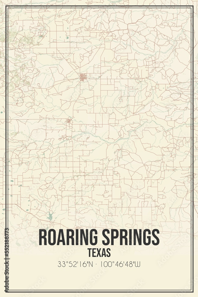 Retro US city map of Roaring Springs, Texas. Vintage street map.