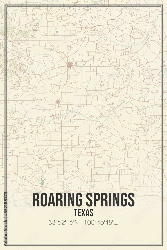 Fototapeta premium Retro US city map of Roaring Springs, Texas. Vintage street map.