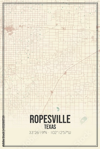 Retro US city map of Ropesville, Texas. Vintage street map.