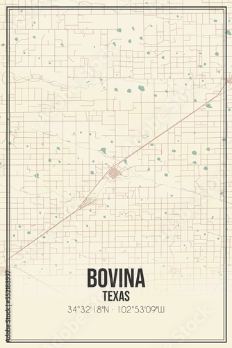 Retro US city map of Bovina, Texas. Vintage street map.