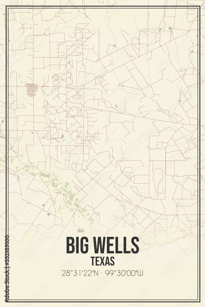 Retro US city map of Big Wells, Texas. Vintage street map.