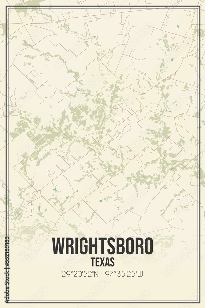 Retro US city map of Wrightsboro, Texas. Vintage street map.