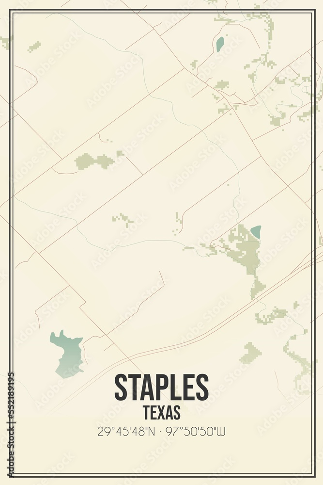 Retro US city map of Staples, Texas. Vintage street map.