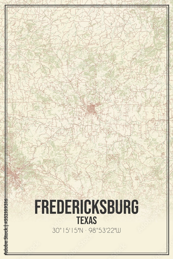 Retro US city map of Fredericksburg, Texas. Vintage street map.