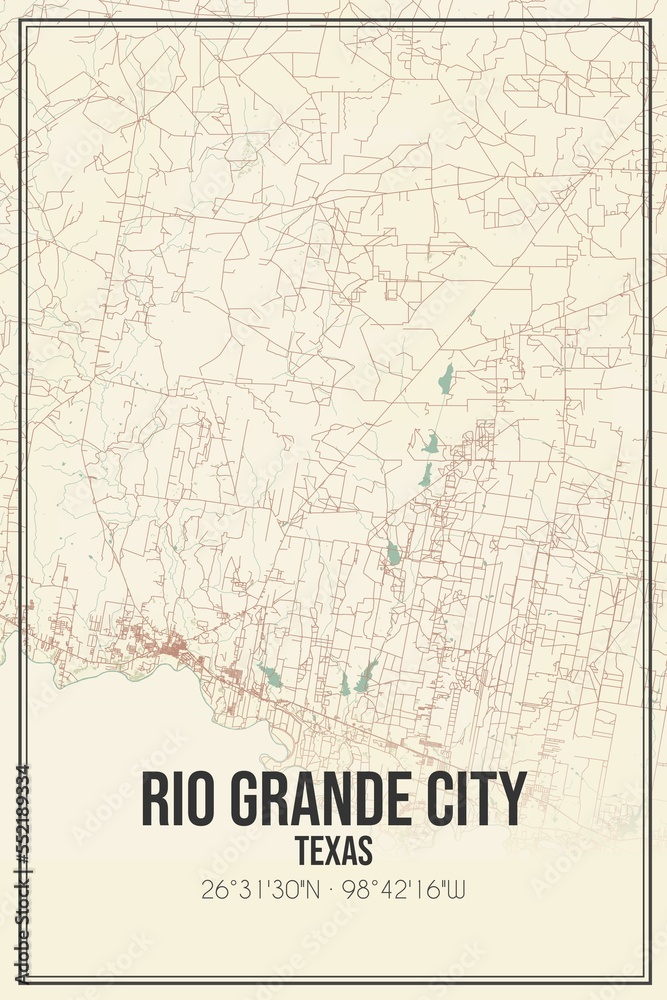 Retro US city map of Rio Grande City, Texas. Vintage street map.