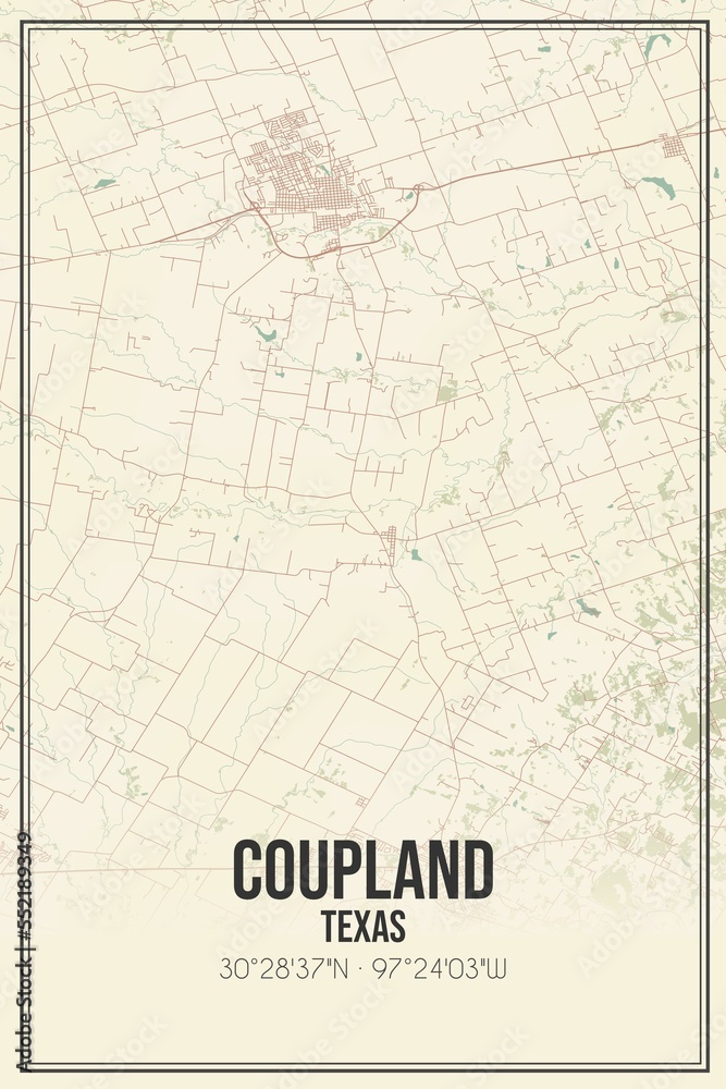 Retro US city map of Coupland, Texas. Vintage street map.