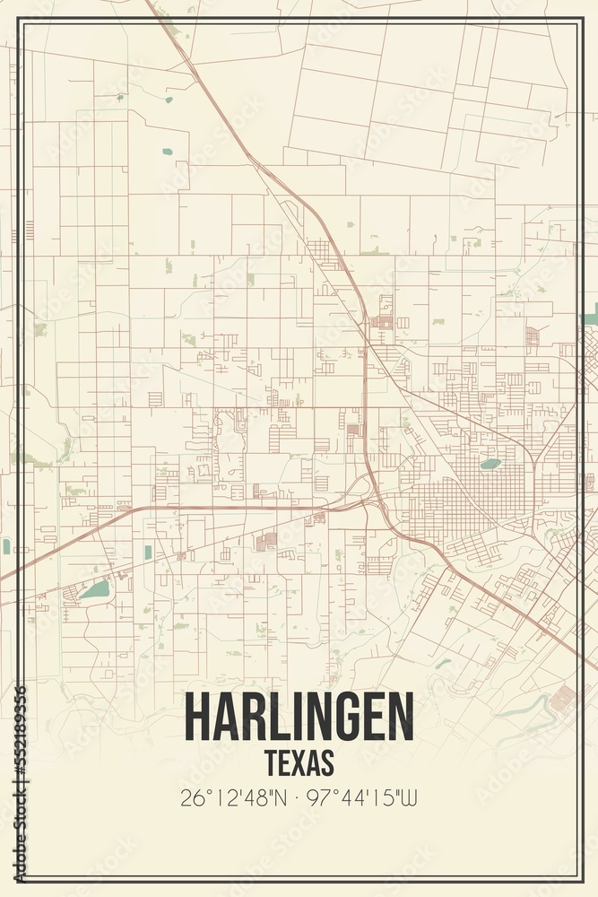 Retro US city map of Harlingen, Texas. Vintage street map.