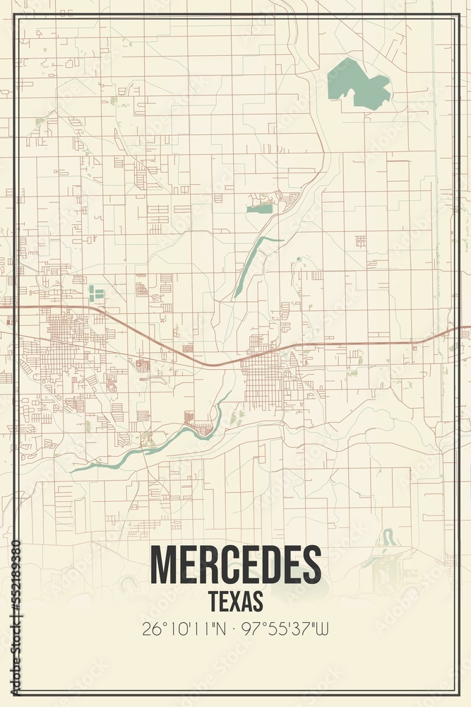 Retro US city map of Mercedes, Texas. Vintage street map. Stock