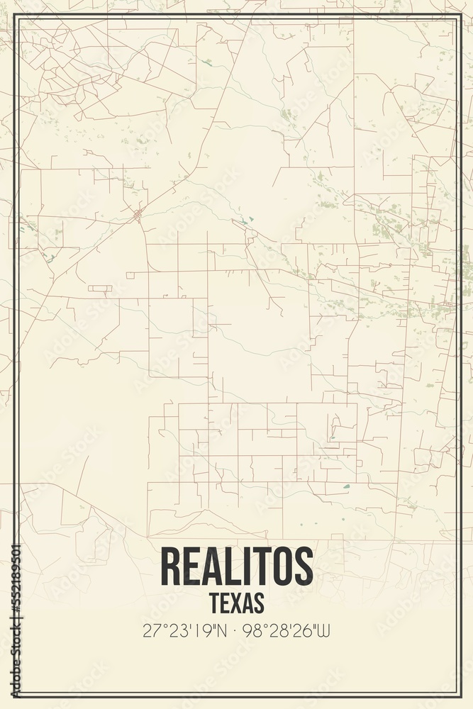 Retro US city map of Realitos, Texas. Vintage street map. Stock