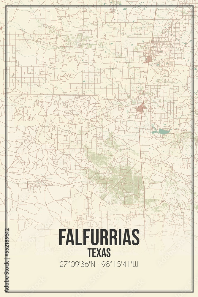 Retro US city map of Falfurrias, Texas. Vintage street map.