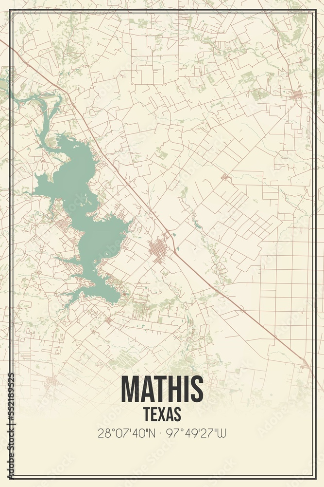 Retro US city map of Mathis, Texas. Vintage street map.