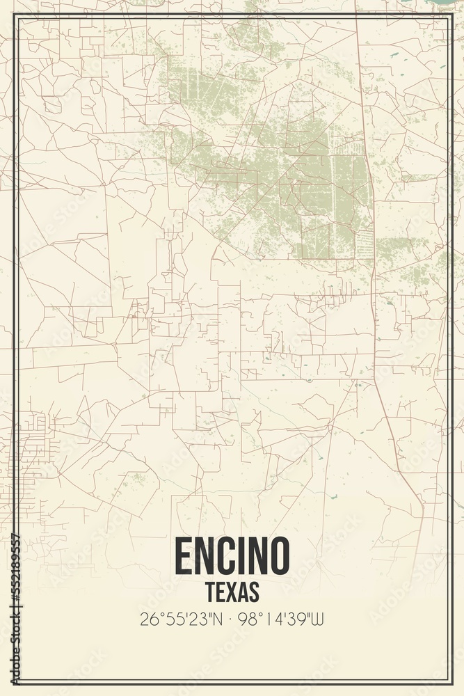 Retro US city map of Encino, Texas. Vintage street map.