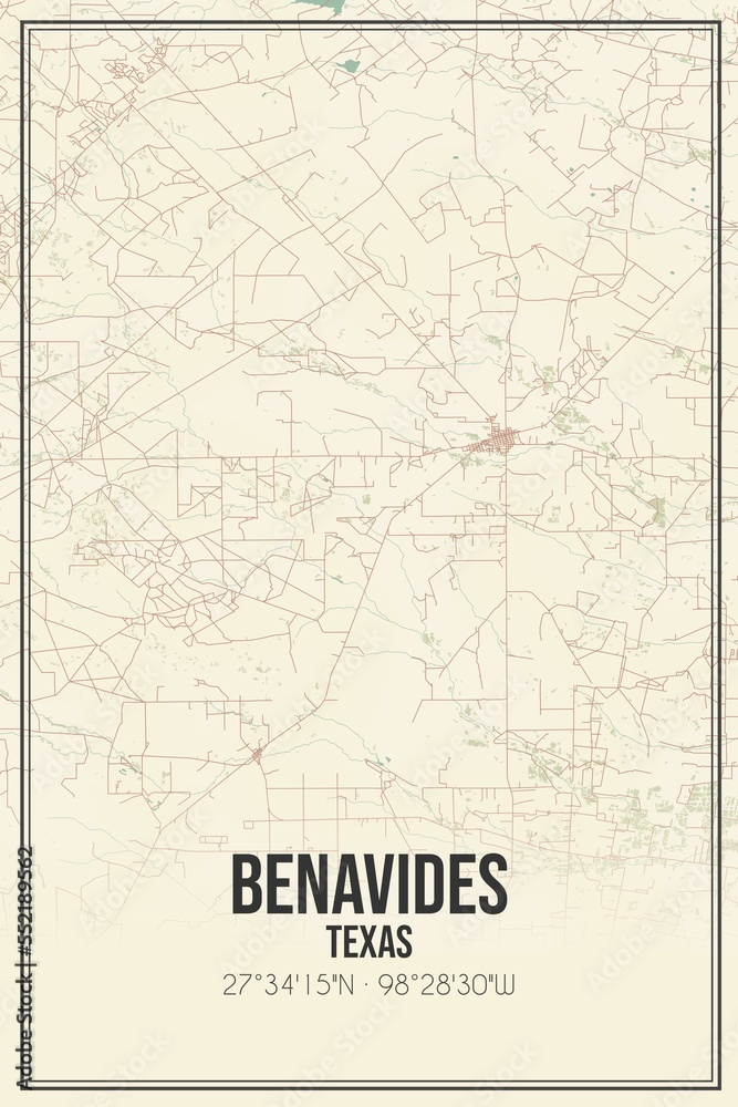Retro US city map of Benavides, Texas. Vintage street map.