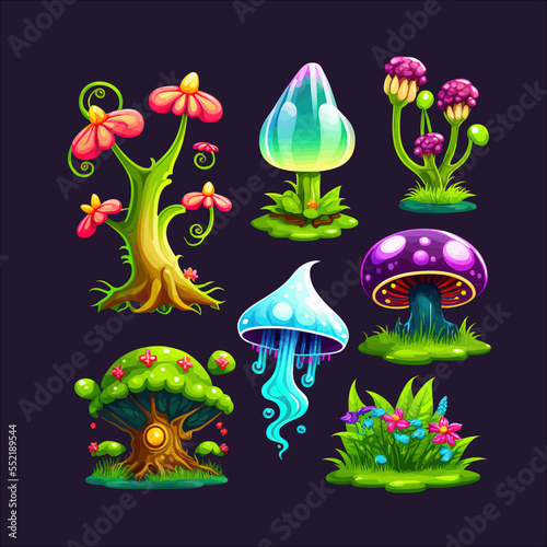 Fantasy flowers, trees, and mushrooms. Flat cartoon illustration isolated on black  background