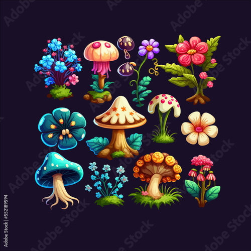 Fantasy flowers, trees, and mushrooms. Flat cartoon illustration isolated on black  background