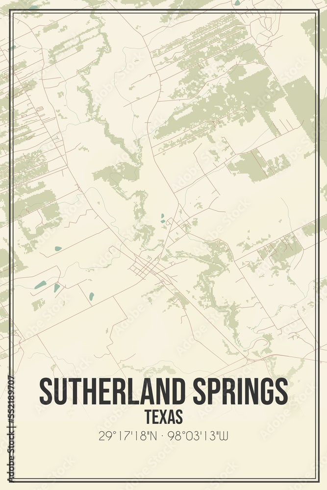 Fototapeta premium Retro US city map of Sutherland Springs, Texas. Vintage street map.