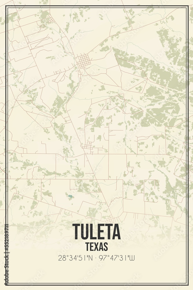 Retro US city map of Tuleta, Texas. Vintage street map.