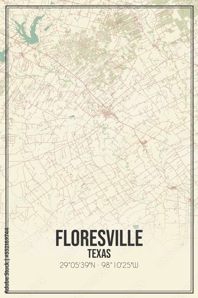 Retro US city map of Floresville, Texas. Vintage street map.