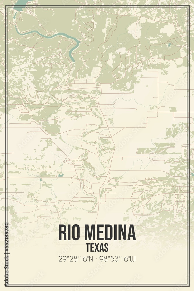 Retro US city map of Rio Medina, Texas. Vintage street map.
