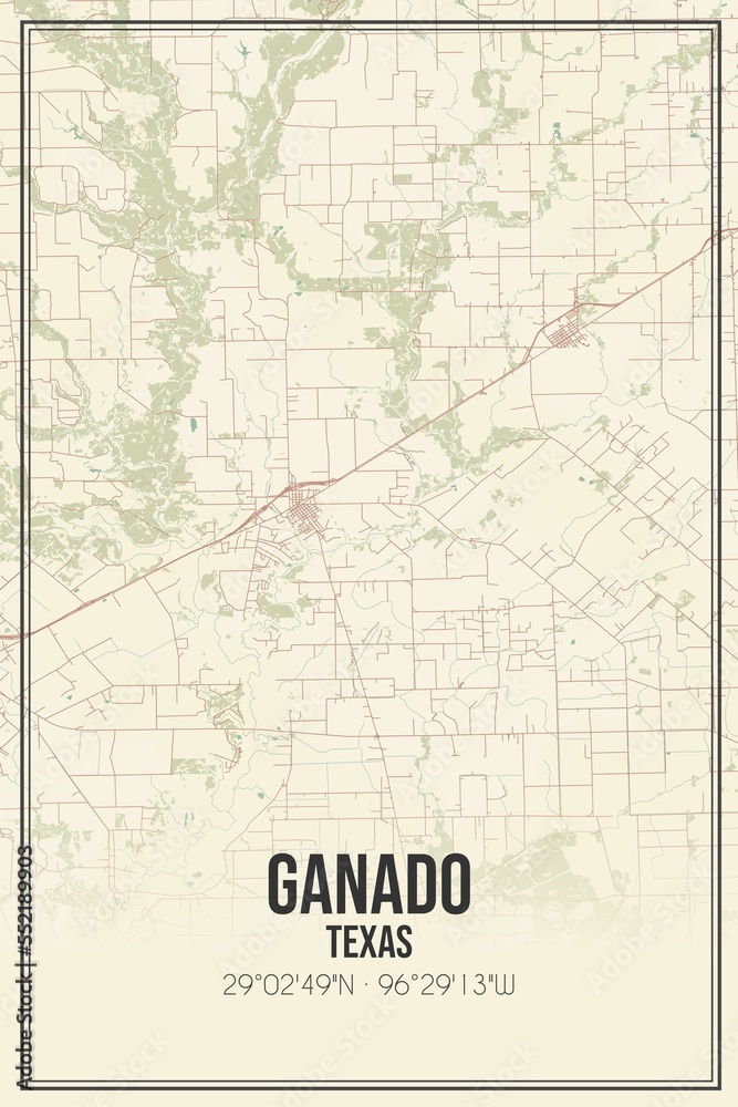 Retro US city map of Ganado, Texas. Vintage street map.