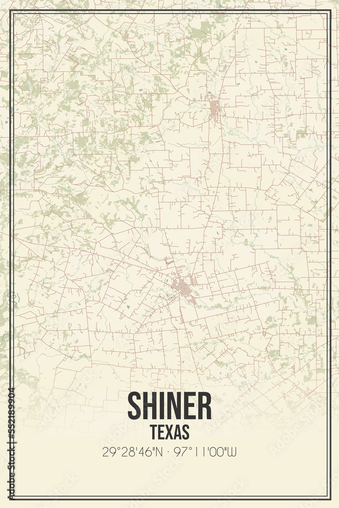 Retro US city map of Shiner, Texas. Vintage street map.