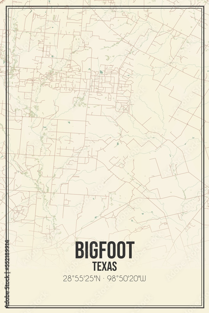 Retro US city map of Bigfoot, Texas. Vintage street map.
