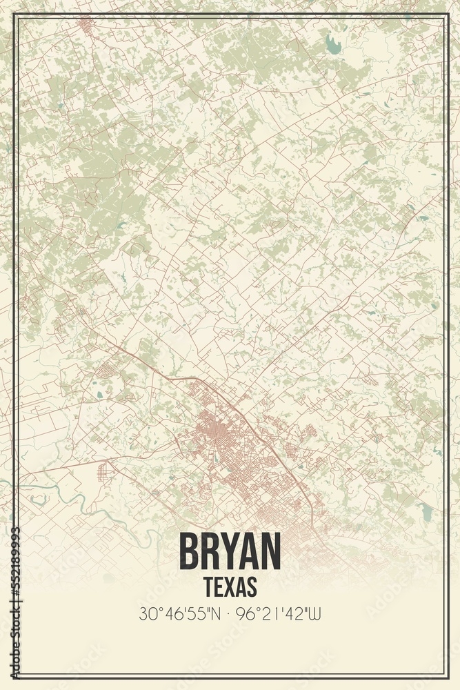 Fototapeta premium Retro US city map of Bryan, Texas. Vintage street map.