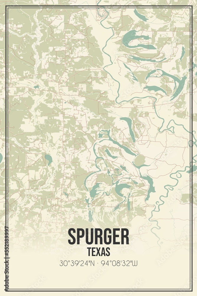 Retro US city map of Spurger, Texas. Vintage street map.